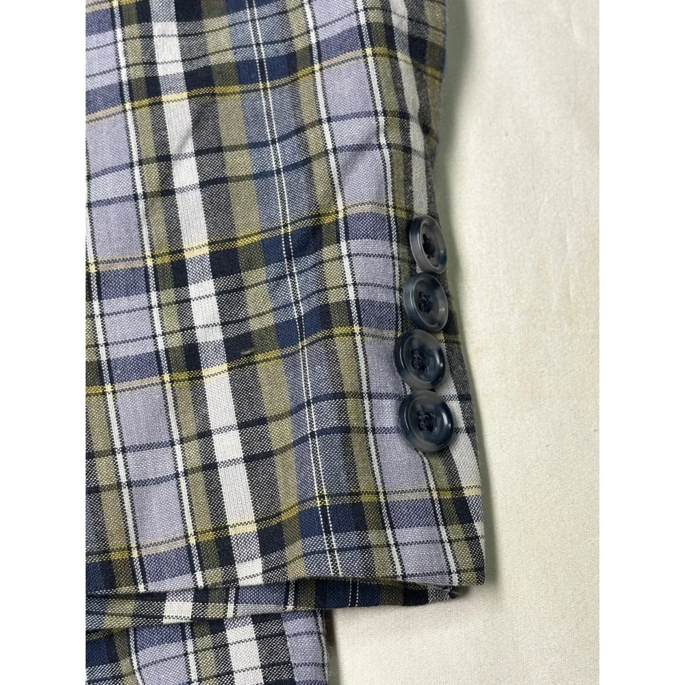 Jos A Bank Mens 44S Plaid Sport Coat Blue Green White 100% Cotton Blazer